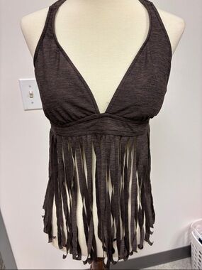 Fringed Halter Bathing Suit Top in Dark Brown